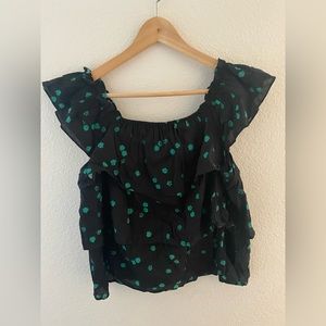 Who What Wear Black pokka dot Print Cap flutter Sleeve Blouse NWOT